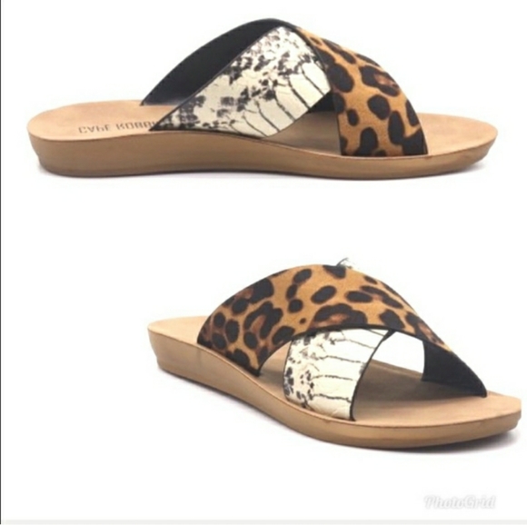 NIB Leopard Snake Slides Flat Wedge Sandal Black Tan animal BOHO sz 6 - Picture 2 of 7